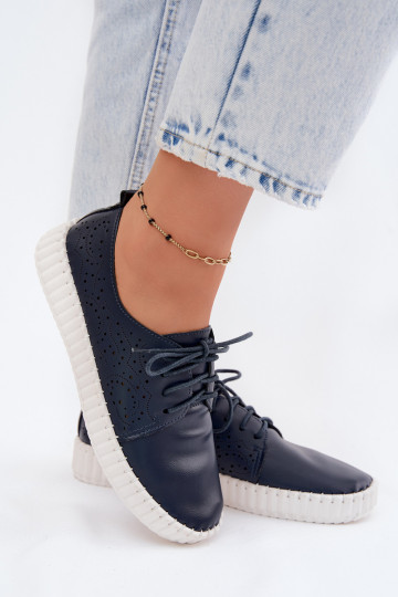 Dark blue perforated shoes with laces Pearla