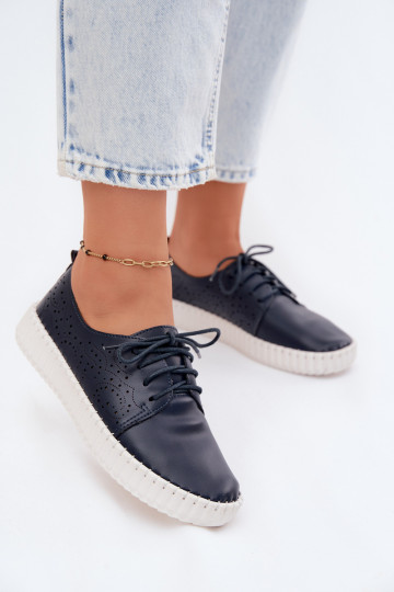 Dark blue perforated shoes with laces Pearla 2