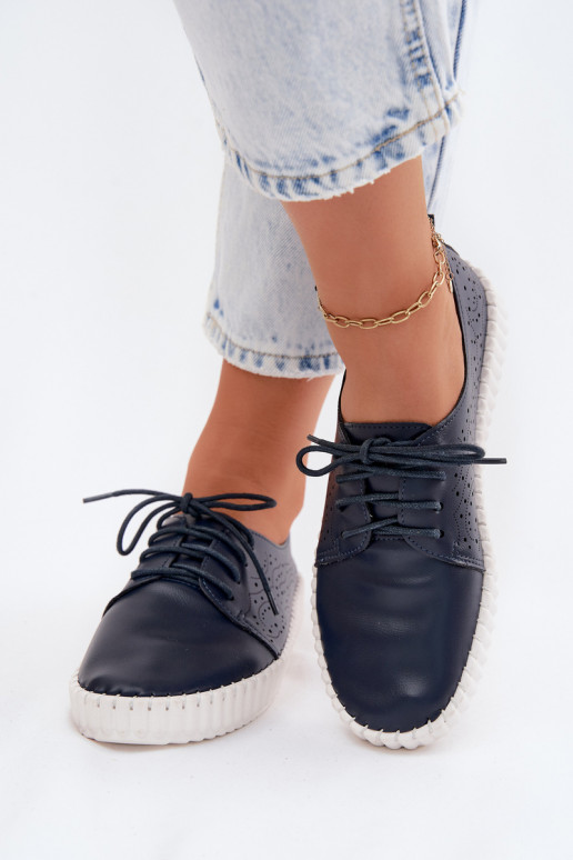 Ażurowe Półbuty Damskie Sznurowane Granatowe Pearla