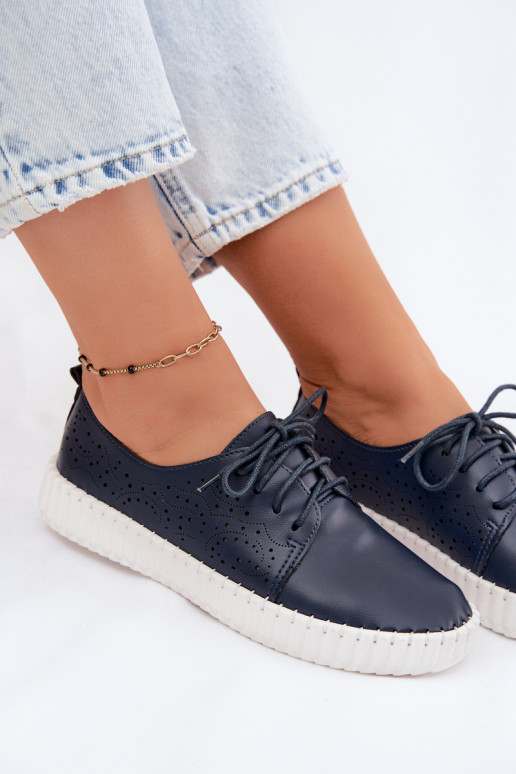 Dark blue perforated shoes with laces Pearla