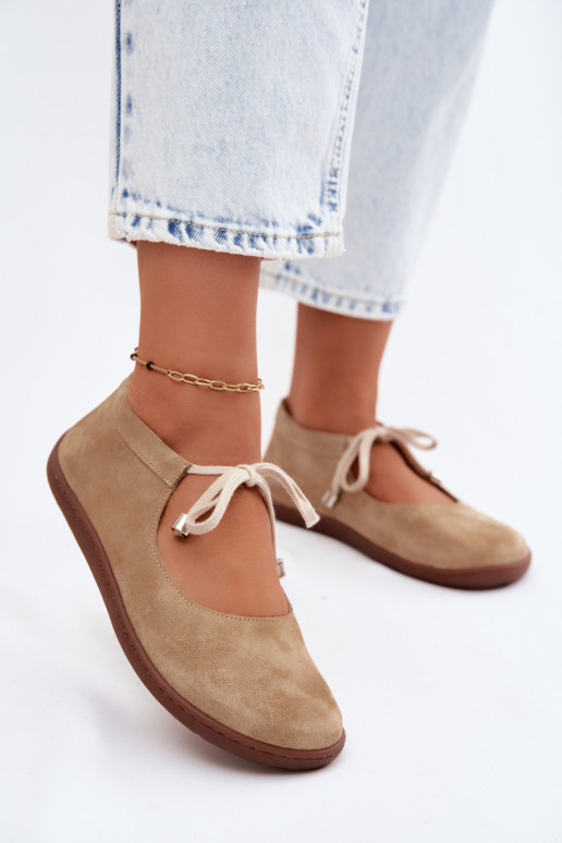 Leather Suede Ballerinas Barefoot Lace-Up Zazoo 021 Beige
