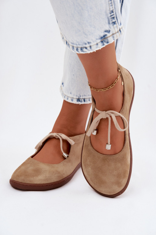 Leather Suede Ballerinas Barefoot Lace-Up Zazoo 021 Beige