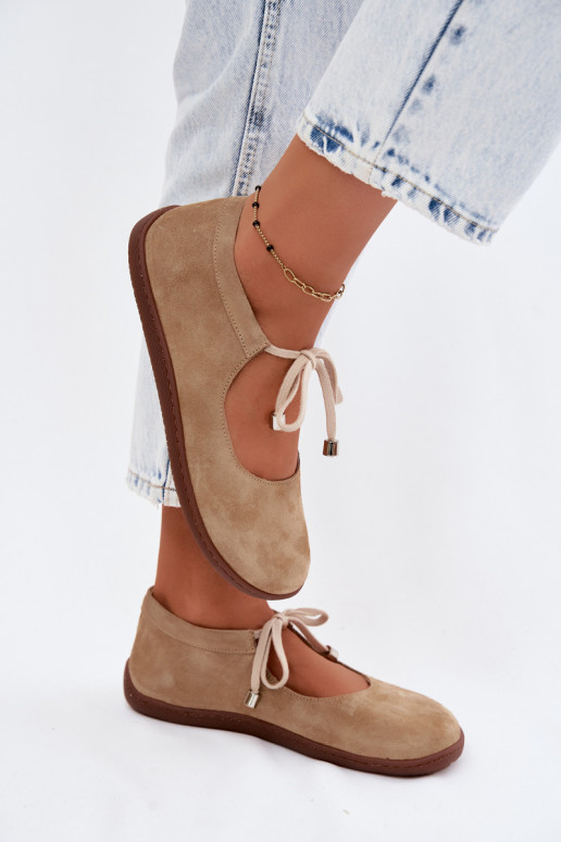 Leather Suede Ballerinas Barefoot Lace-Up Zazoo 021 Beige