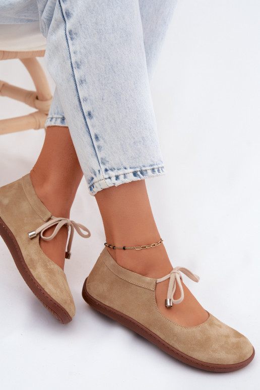 Leather Suede Ballerinas Barefoot Lace-Up Zazoo 021 Beige