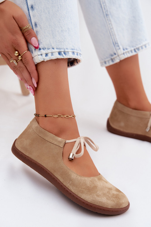 Leather Suede Ballerinas Barefoot Lace-Up Zazoo 021 Beige