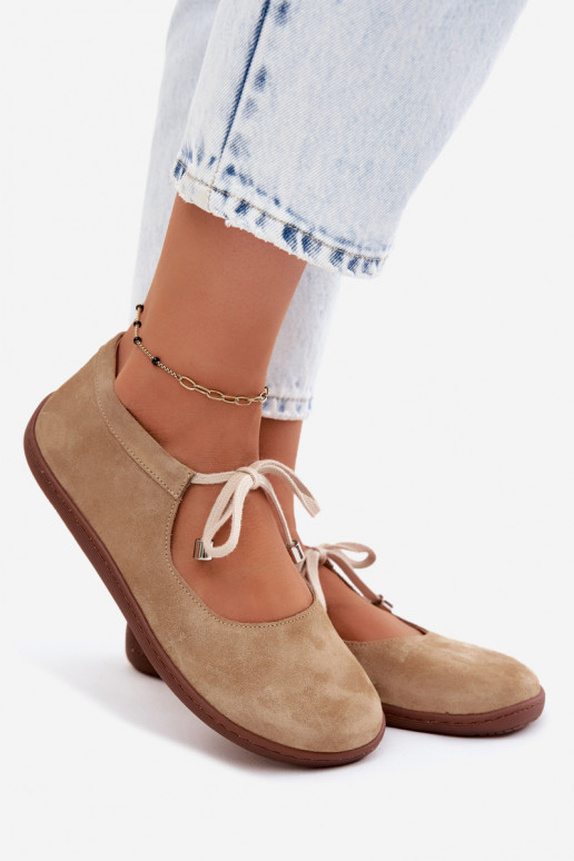 Leather Suede Ballerinas Barefoot Lace-Up Zazoo 021 Beige