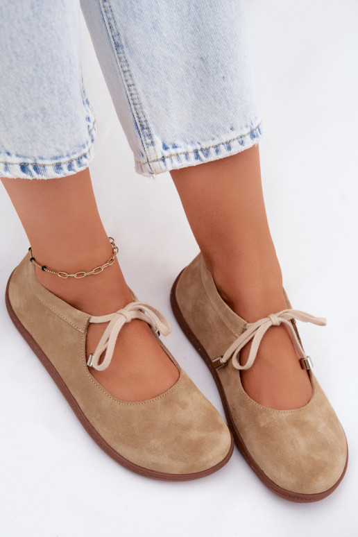 Skórzane Zamszowe Baleriny Barefoot Wiązane Zazoo 021 Beżowe