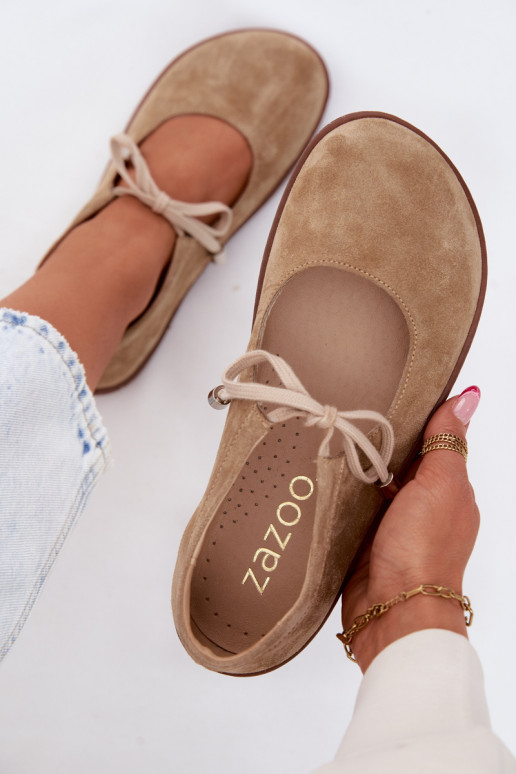 Leather Suede Ballerinas Barefoot Lace-Up Zazoo 021 Beige