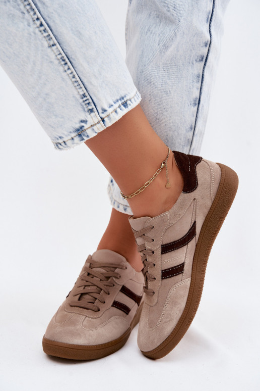 Leather Suede Women's Sneakers Zazoo N1176S2 Dark Beige