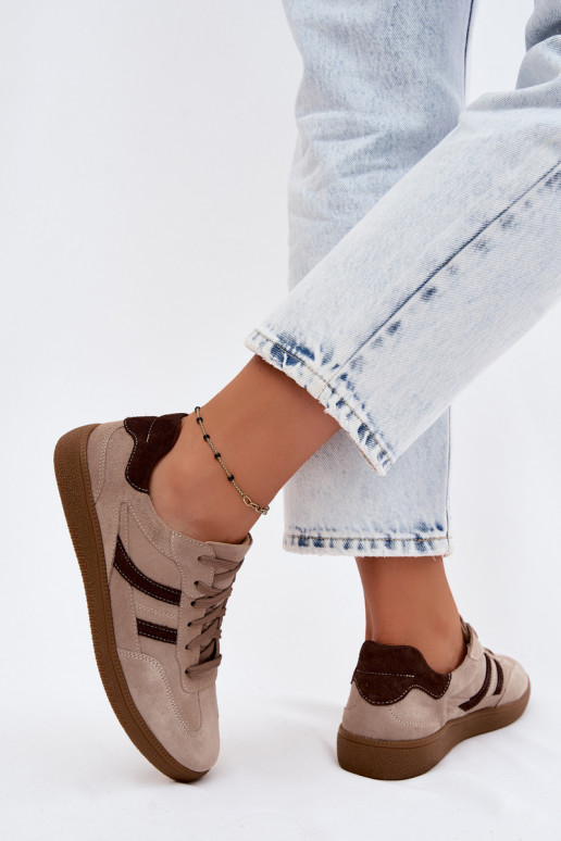 Leather Suede Women's Sneakers Zazoo N1176S2 Dark Beige