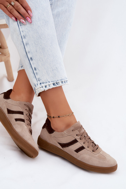 Skórzane Zamszowe Sneakersy Damskie Zazoo N1176S2 Ciemnobeżowe