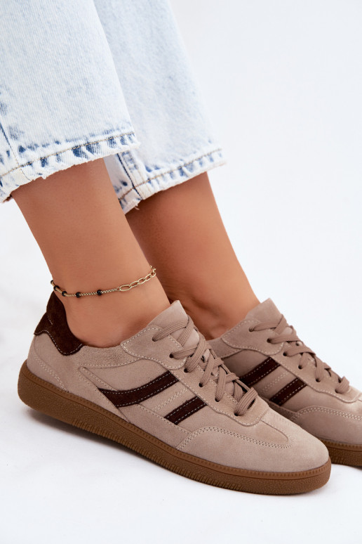 Leather Suede Women's Sneakers Zazoo N1176S2 Dark Beige