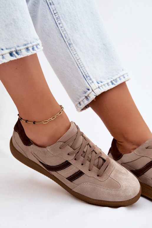 Leather Suede Women's Sneakers Zazoo N1176S2 Dark Beige