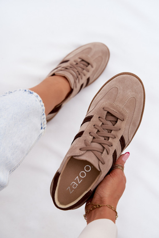 Leather Suede Women's Sneakers Zazoo N1176S2 Dark Beige