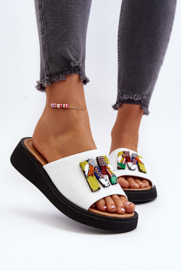 Skórzane Klapki DamskiewithOzdobą Białe Asames