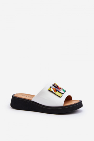 Women's leather slippers with ornaments white Asames 2