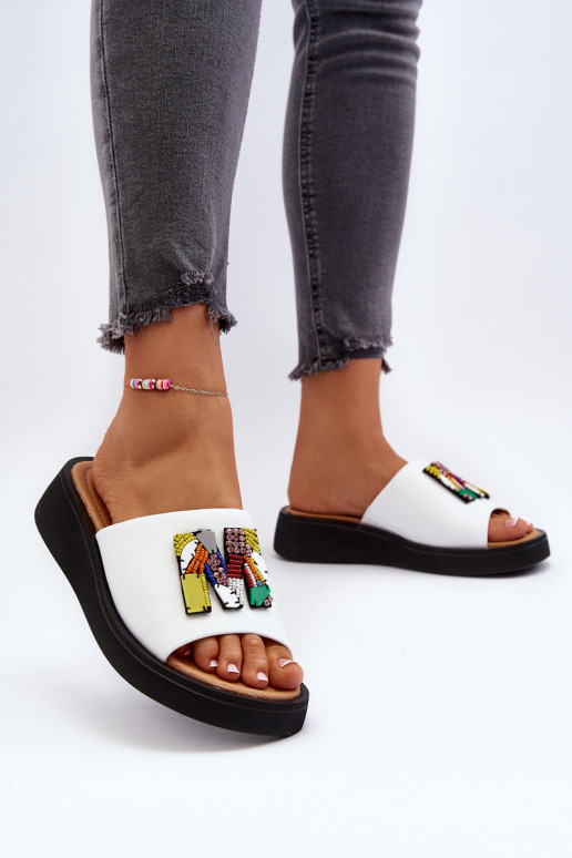 Skórzane Klapki DamskiewithOzdobą Białe Asames