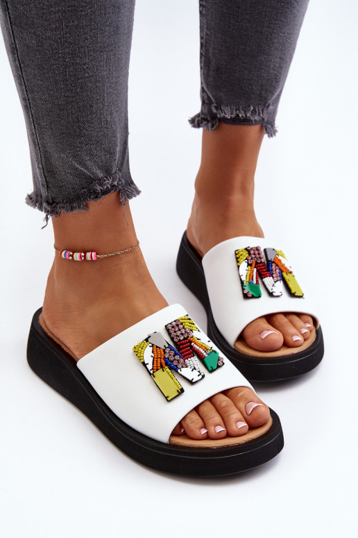 Women's Leather Platform Slippers With Decoration Beige Monroe