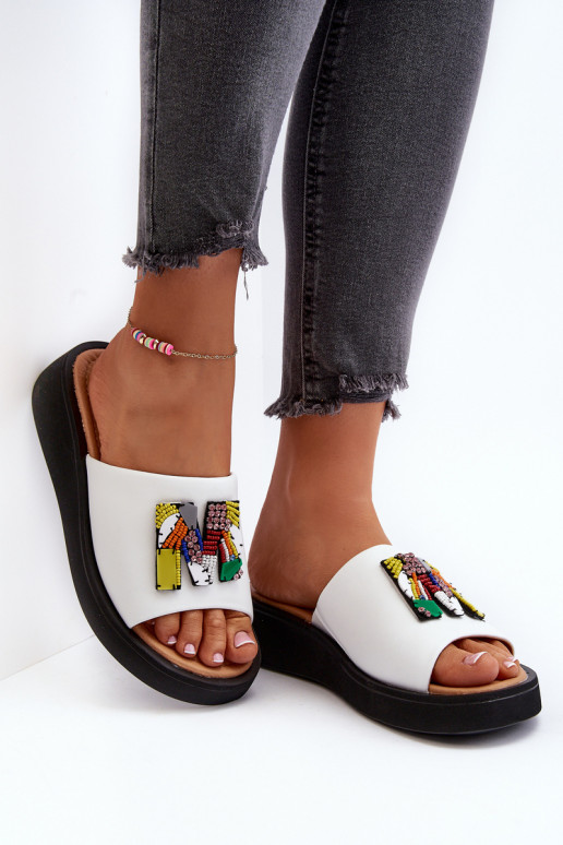 Women's Leather Platform Slippers With Decoration Beige Monroe