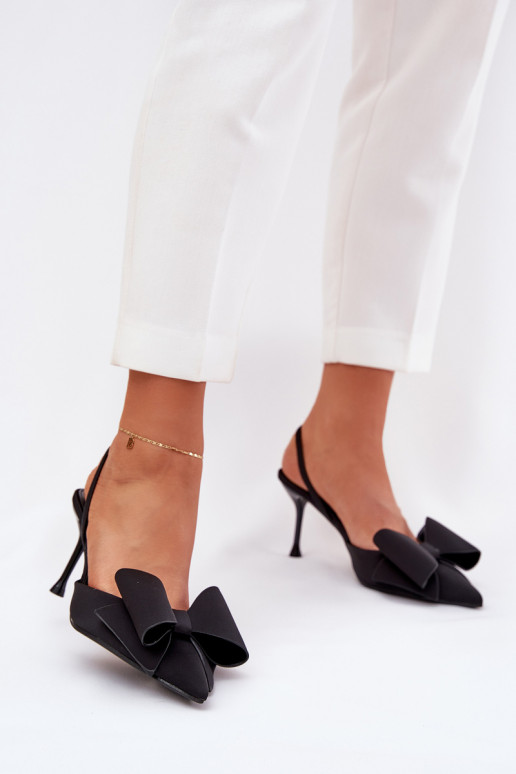 Black high-heeled shoes with open heel and bow Eklevia