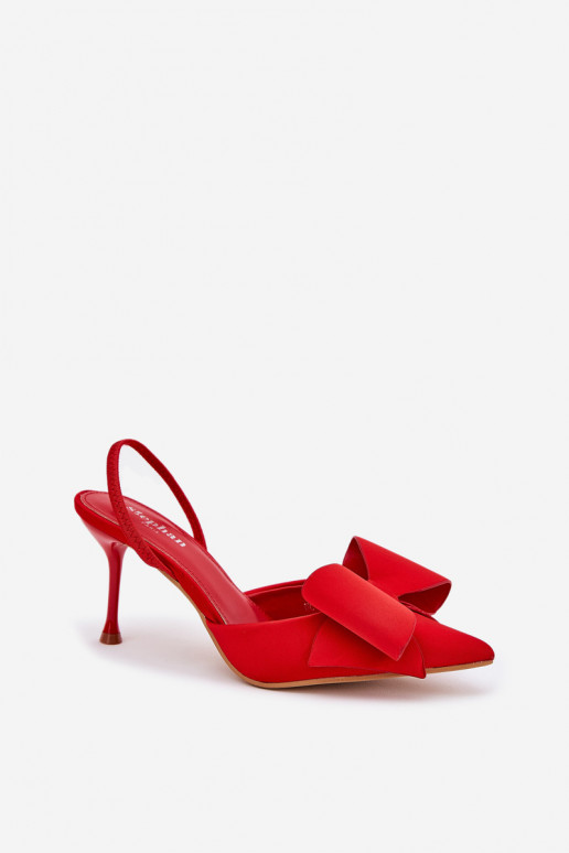 Red high-heeled shoes with open heel and bow Eklevia