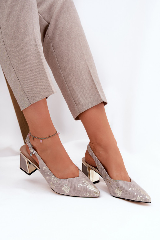 Skórzane Sandały Damskie Na Słupku Ze Szpiczastymi Noskami Vinceza 66733 Złoto-Srebrne