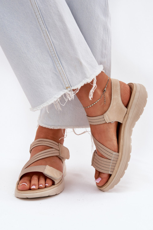 Women's Comfortable Sandals with Velcro Beige Eladora