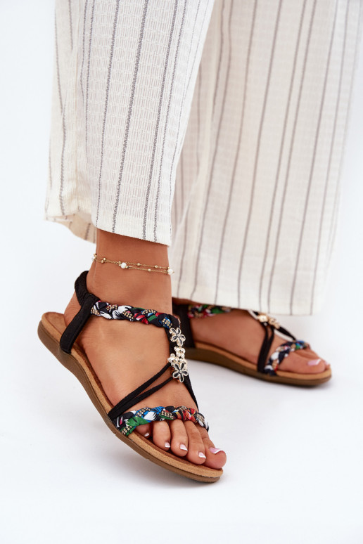 Women's Sandals With Pins And Braided Straps Black Nusoreth