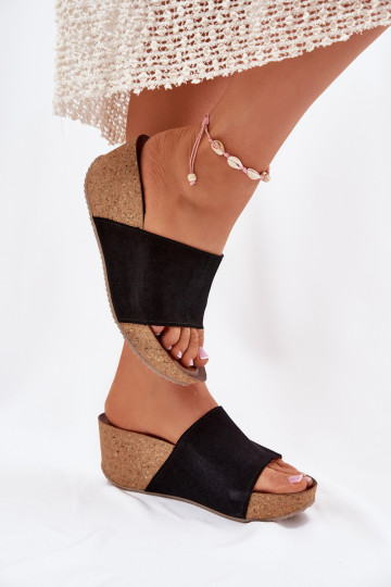 Women Suede Sandals On Cork Wedge Black Zazoo 40311