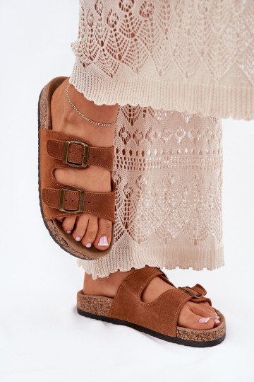 Brown suede slippers on cork sole with buckles Tavira