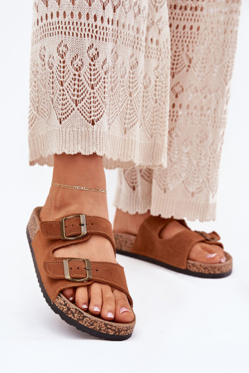 Brown suede slippers on cork sole with buckles Tavira 2