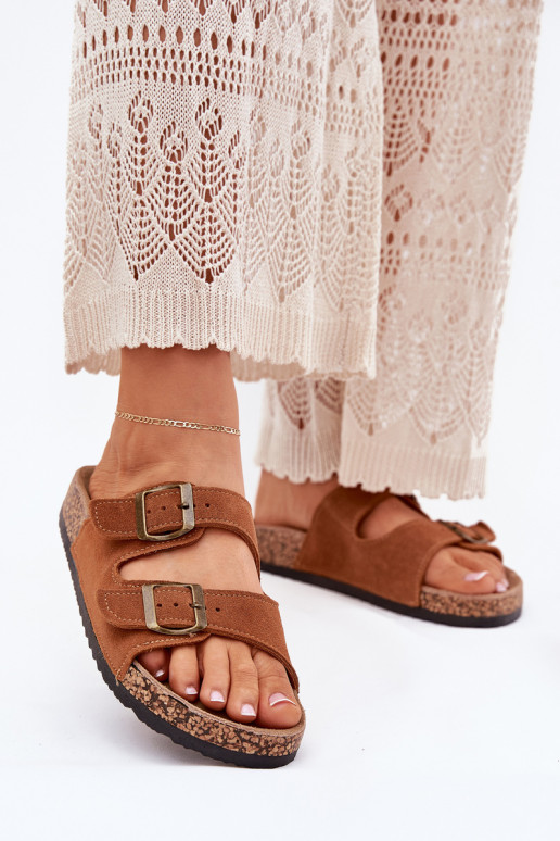 Suede Slippers On Cork Sole With Buckles Camel Tavira