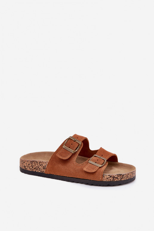 Brown suede slippers on cork sole with buckles Tavira
