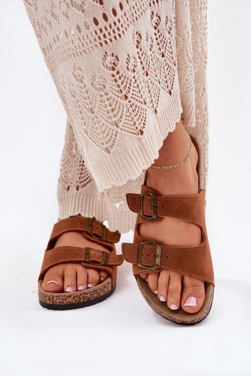 Brown suede slippers on cork sole with buckles Tavira