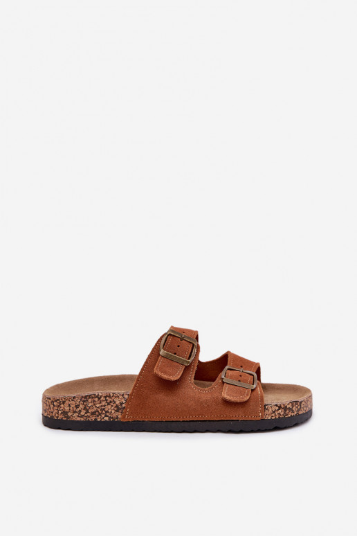 Brown suede slippers on cork sole with buckles Tavira