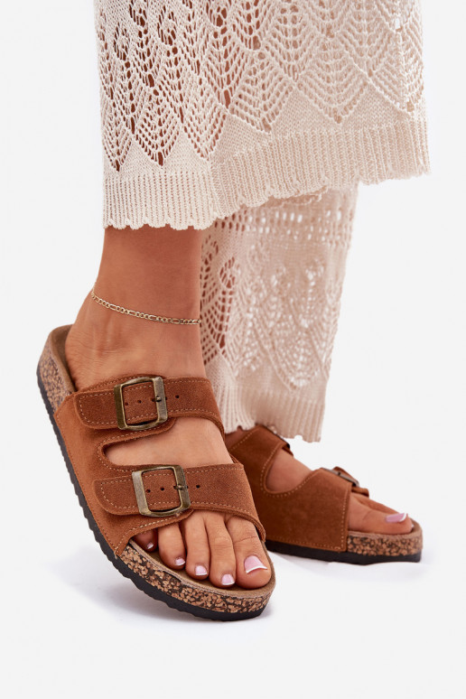 Brown suede slippers on cork sole with buckles Tavira