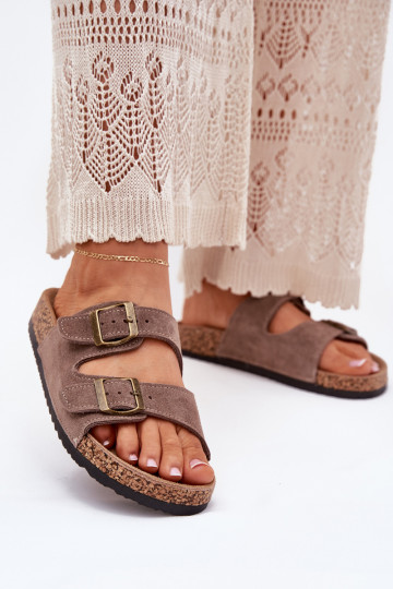 Suede Slippers On Cork Sole With Buckles Dark Beige Tavira