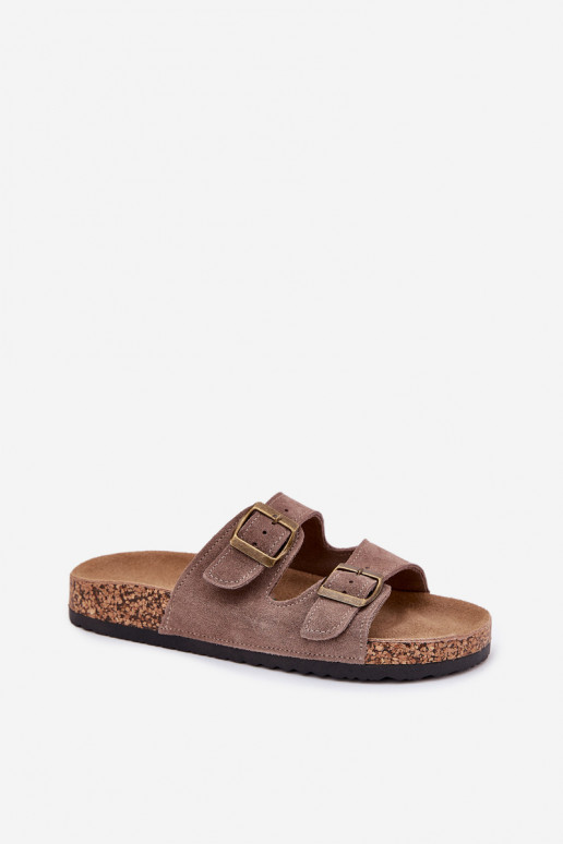 Sand-colored suede slippers on cork sole with buckles Tavira
