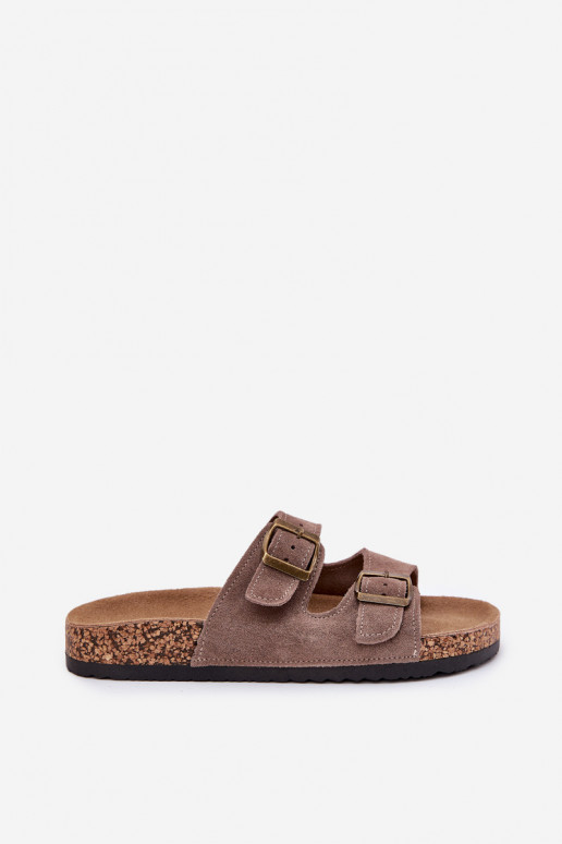 Suede Slippers On Cork Sole With Buckles Dark Beige Tavira
