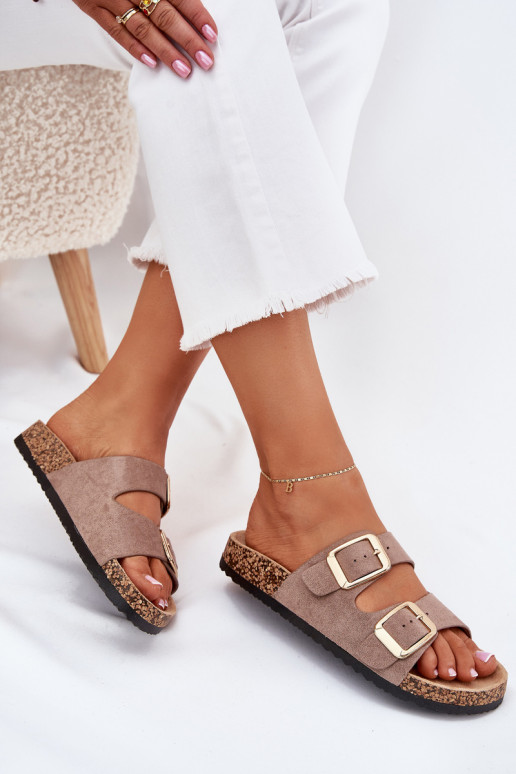 Women's sand-colored faux suede slippers with gold-colored buckles Vorella