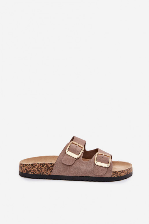 Women's Slippers Made Of Eco Suede Golden Buckles Dark Beige Vorella
