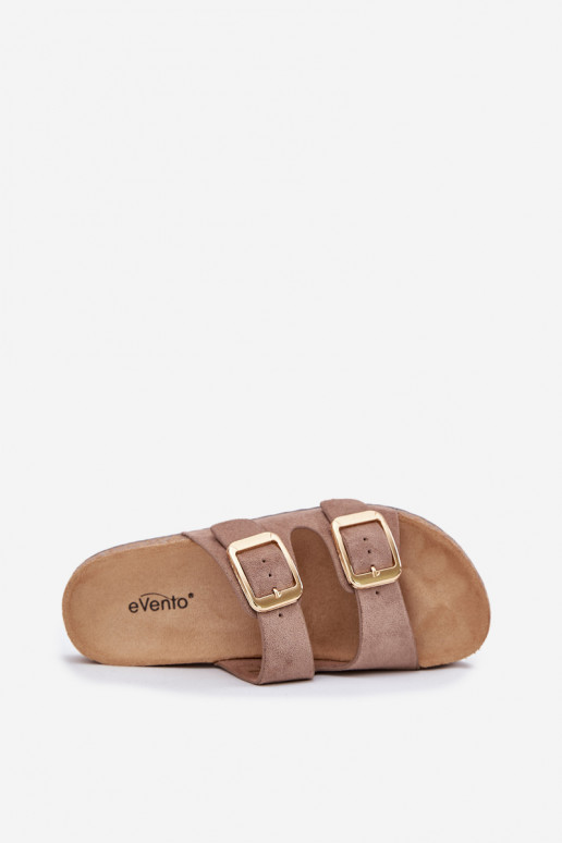 Women's sand-colored faux suede slippers with gold-colored buckles Vorella