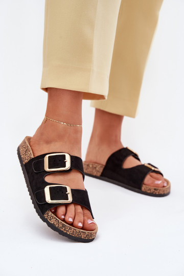 Women's black faux suede slippers with gold-colored buckles Vorella