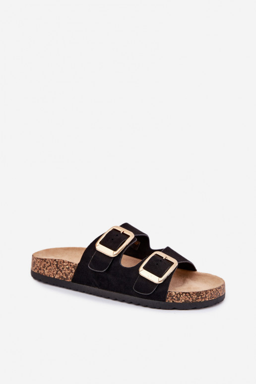 Women's black faux suede slippers with gold-colored buckles Vorella