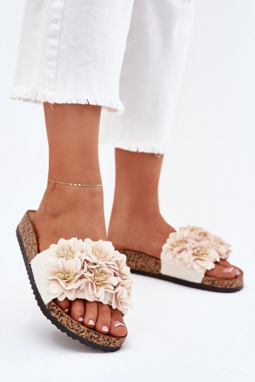 Women's Cork Sole Slippers With Decorative Flowers Beige Seleneza