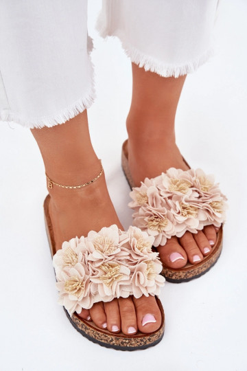 Women's Cork Sole Slippers With Decorative Flowers Beige Seleneza 2