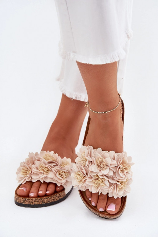 Women's Cork Sole Slippers With Decorative Flowers Beige Seleneza