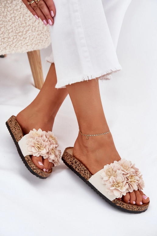 Women's Cork Sole Slippers With Decorative Flowers Beige Seleneza