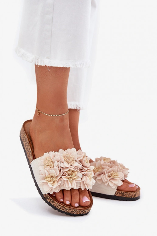 Women's Cork Sole Slippers With Decorative Flowers Beige Seleneza