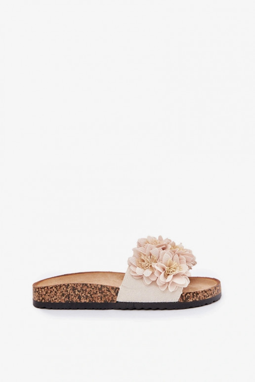 Women's Cork Sole Slippers With Decorative Flowers Beige Seleneza